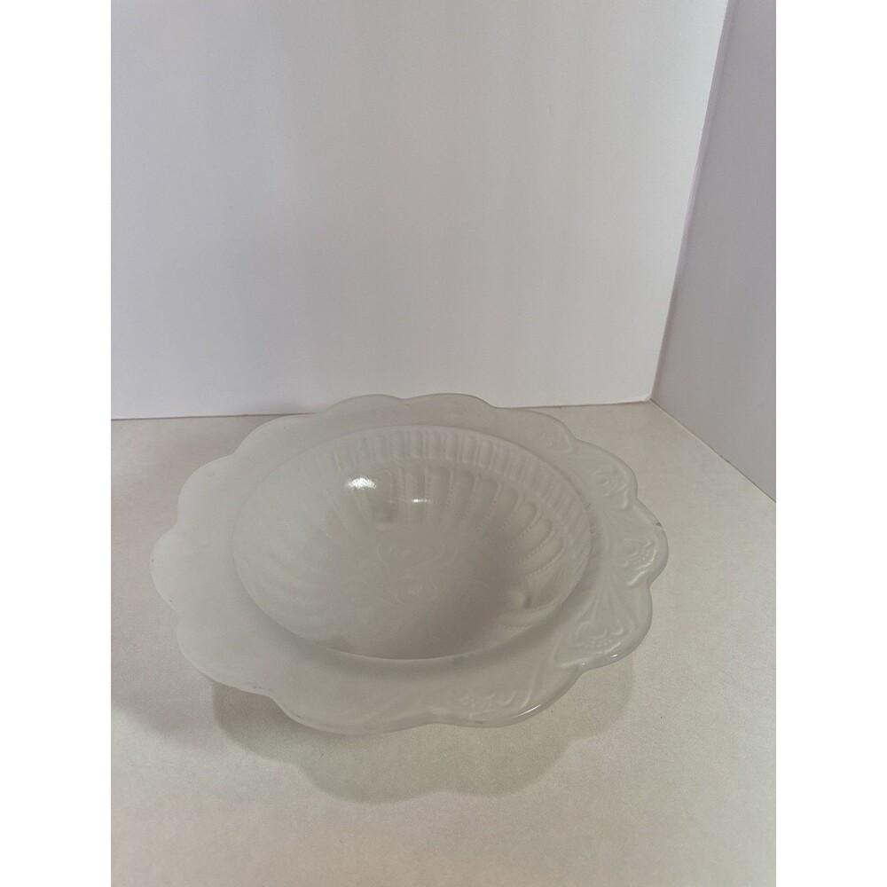 Frosted Glass Three-Footed Scalloped Rim Pedestal Bowl Vintage Pressed Glass”